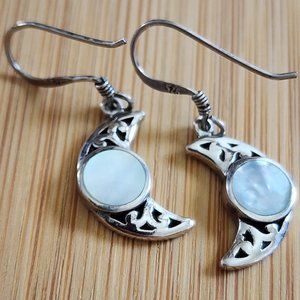 Sterling Silver 925 Filigree Crescent Moon Dainty Dangle Drop Earrings Pearl